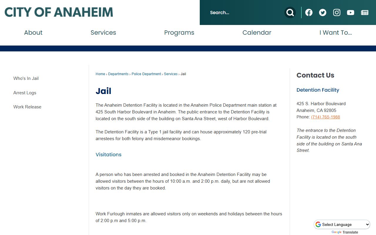 Anaheim inmate population city police department jail page