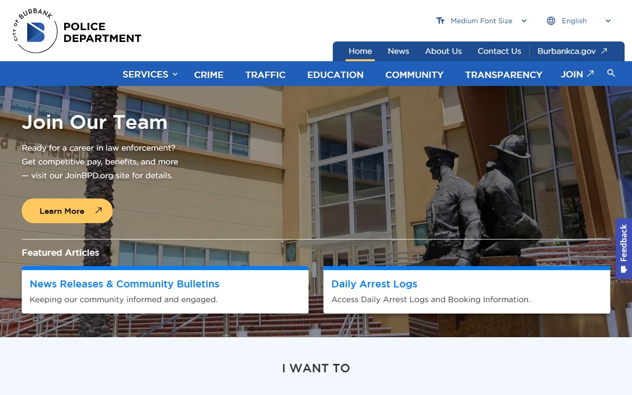 Burbank Police Department website for city jail inmate population information