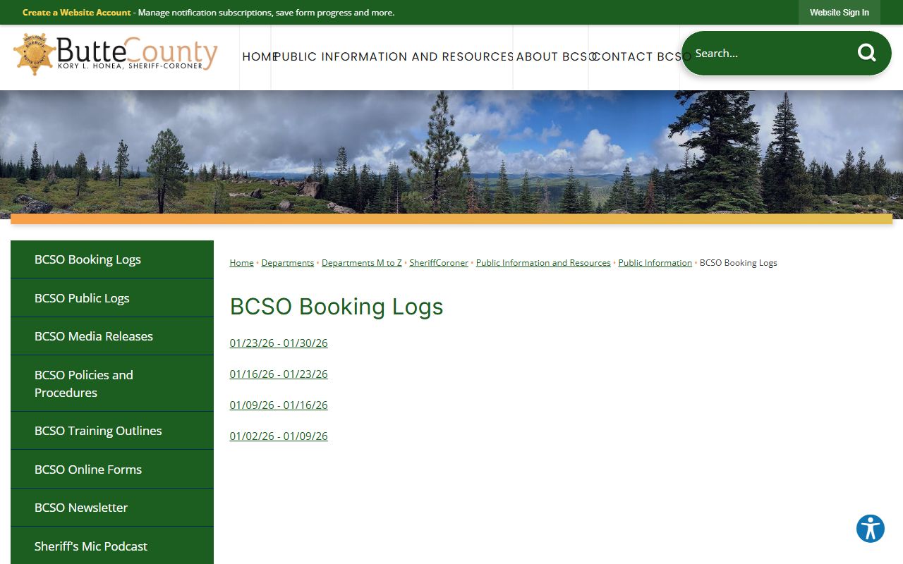 Butte County inmate population booking logs from the sheriff website