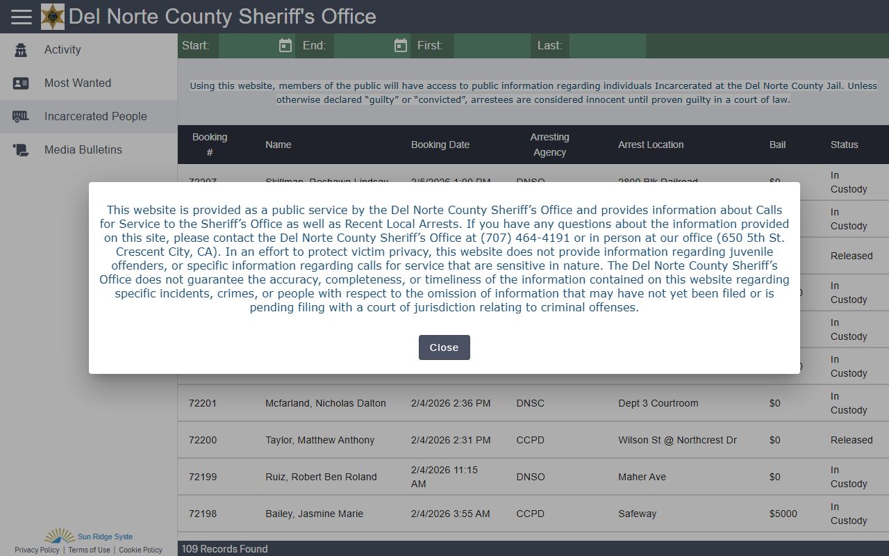 Del Norte County inmate population search through Citizen RIMS online roster
