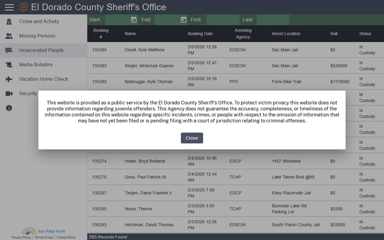 El Dorado County inmate population search page on Citizen RIMS