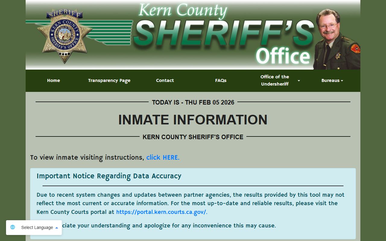 Kern County Sheriff inmate information search page for inmate population lookup