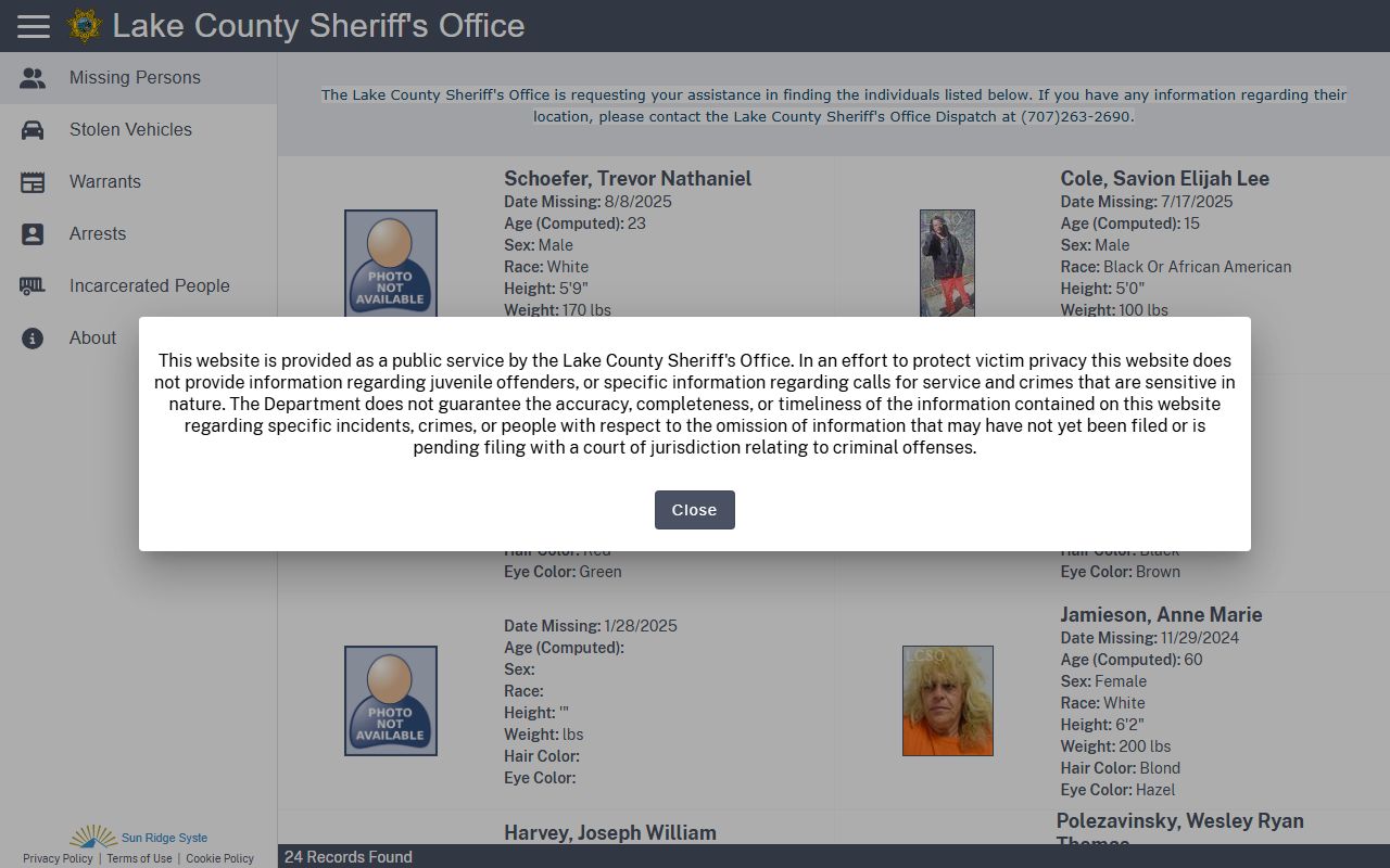 Lake County Citizen RIMS inmate population search portal