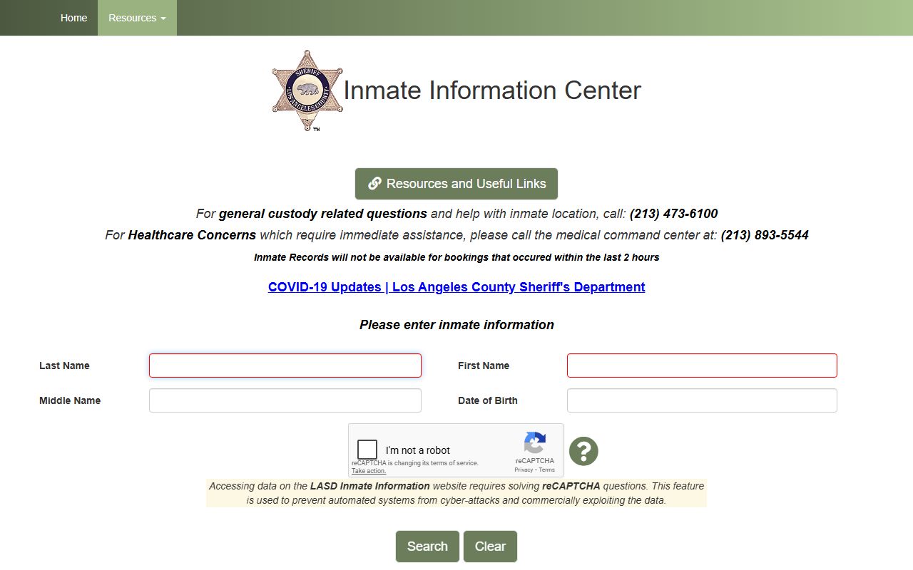 Los Angeles County Sheriff Inmate Information Center for inmate population search