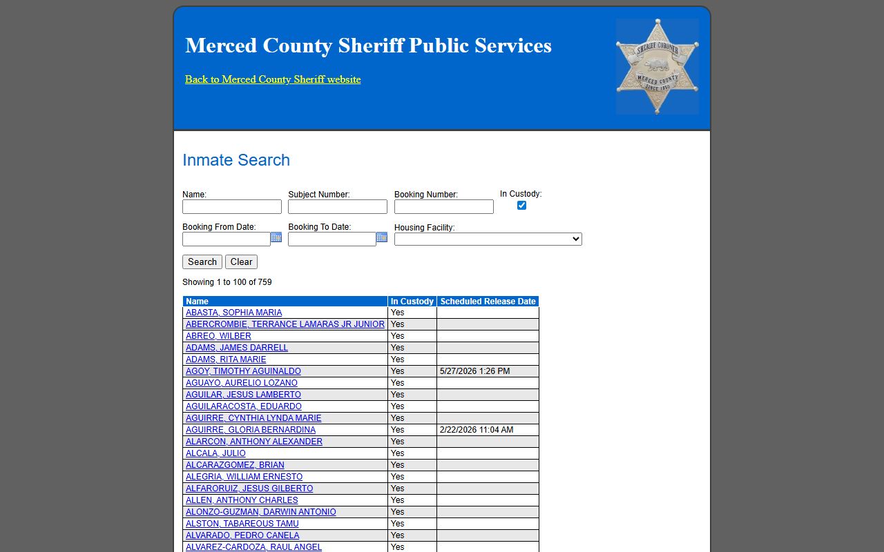 Merced County Sheriff inmate inquiry tool for inmate population search