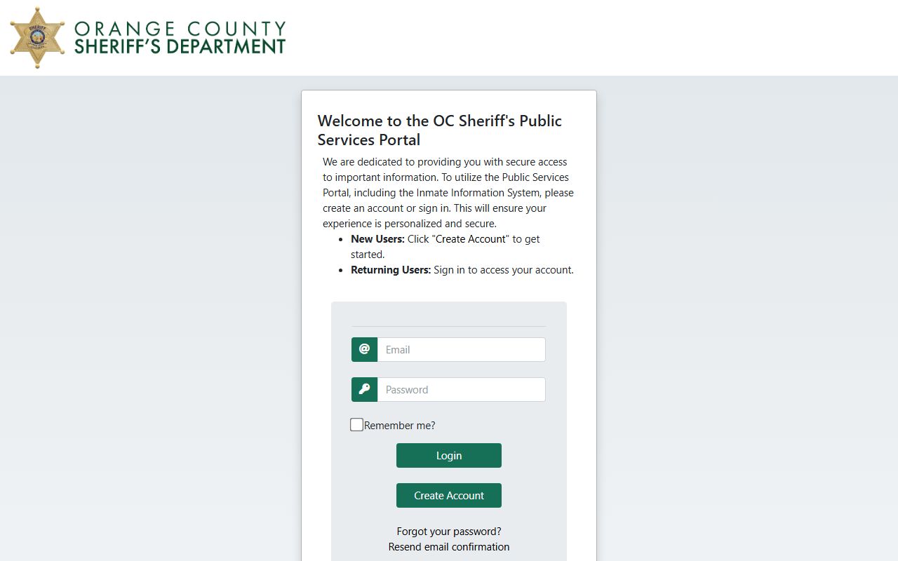 Orange County Sheriff OC portal inmate population search tool
