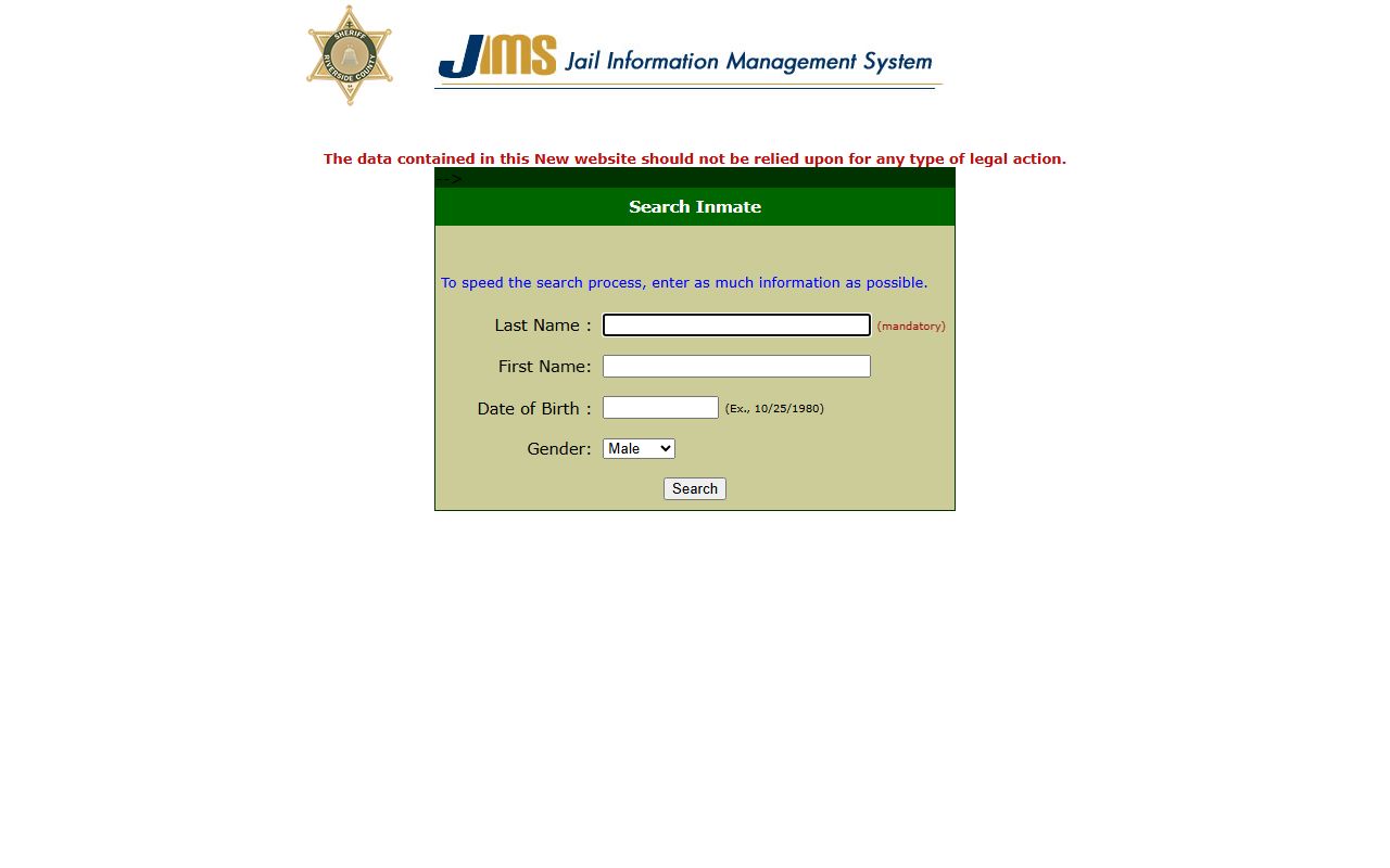 Riverside County JIMS inmate population booking search tool