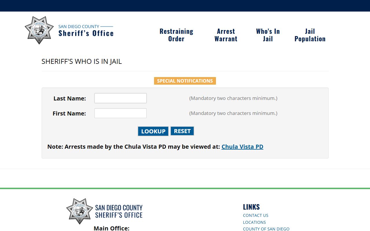 San Diego County Who's In Jail inmate population search tool