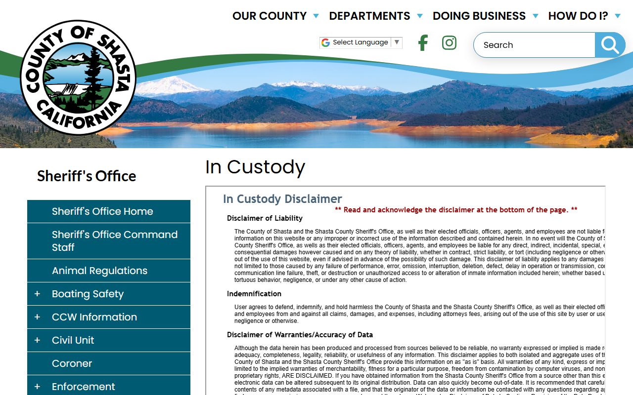 Shasta County inmate population in-custody search on the sheriff website