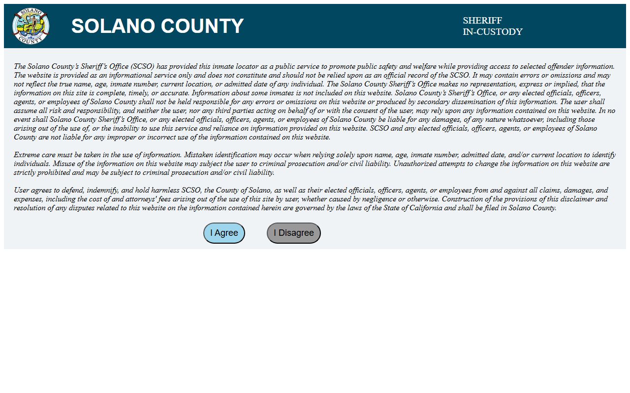 Solano County inmate population search tool on the sheriff website