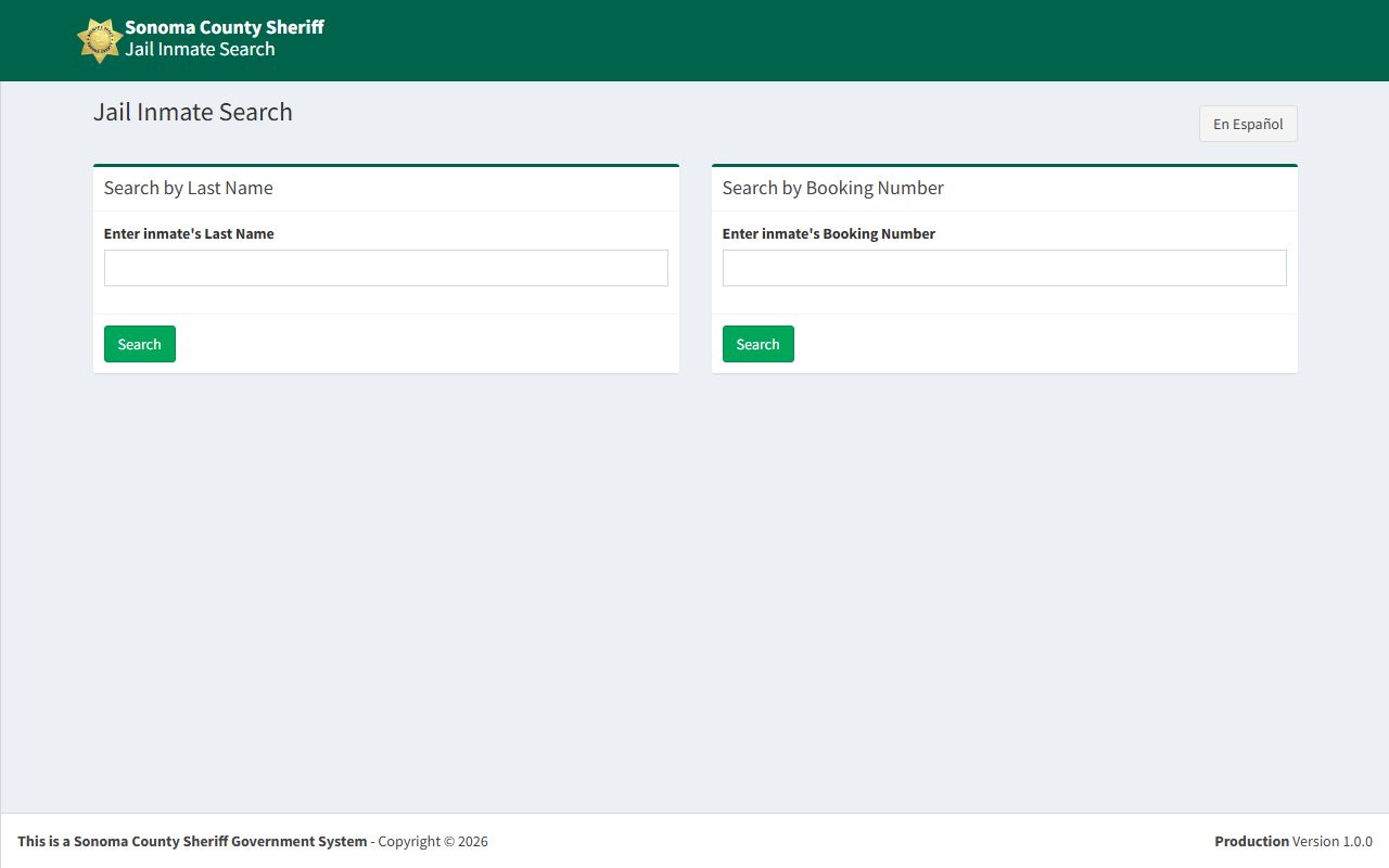 Sonoma County inmate population search portal on the sheriff website