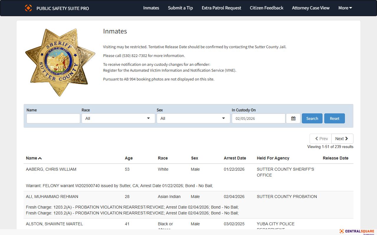 Sutter County inmate population search on the Zuercher Portal