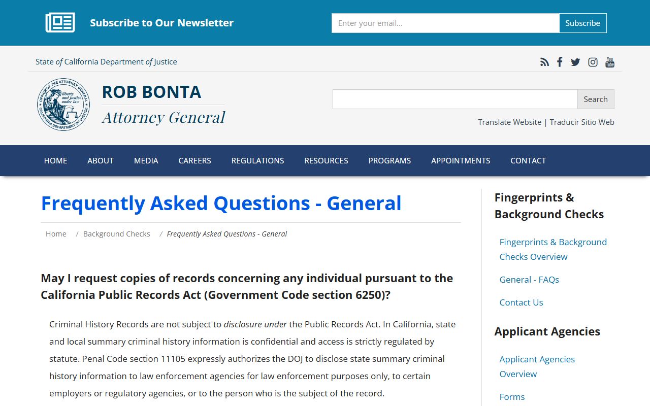 California DOJ FAQ page about inmate population records access